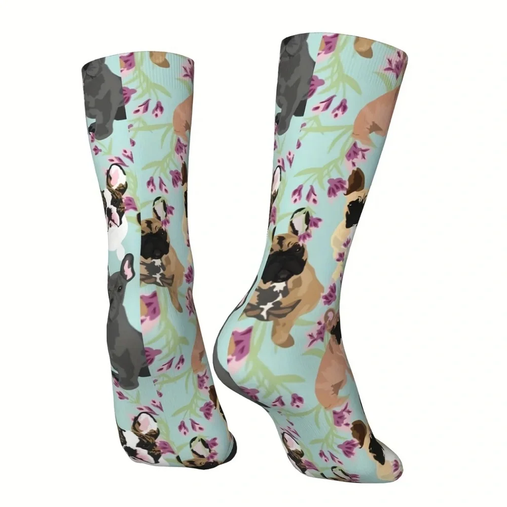 French Bulldog Dog and Floral Print Crew Socks - Unisex